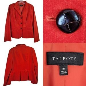 Talbots Blazer Women's Size 10 Orange Cotton Suit Jacket Velvet Wood Button